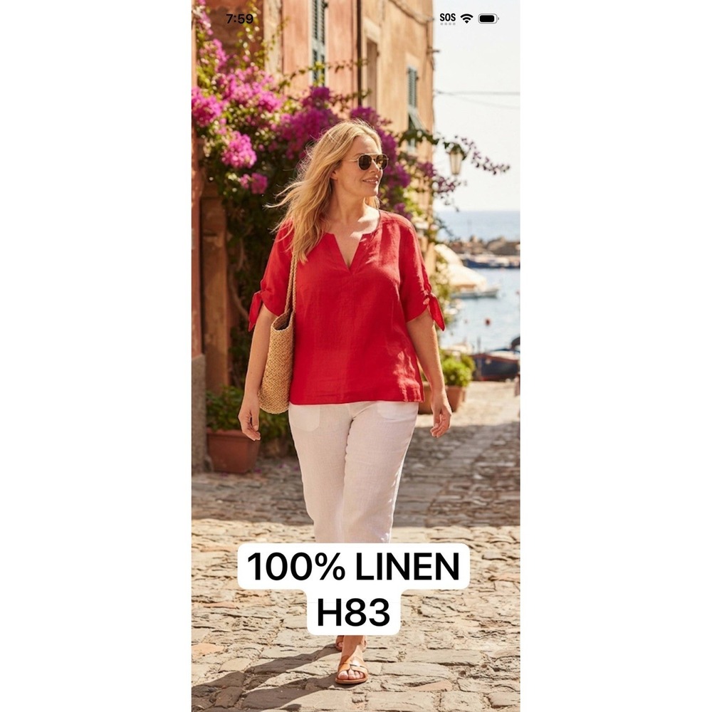 Charter Club Luxury 100% Linen Tie-Sleeve Split V-Neck Top Red Blouse Women's XL